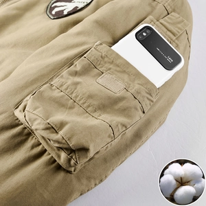 Men's khaki winter bomber jacket with multi-pocket design and thick cotton lining