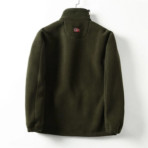 Detail view of the back of a dark green fleece jacket with Norway flag embroidery
