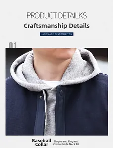 Detailed close-up of navy waffle fabric jacket with silver snaps and a grey hood