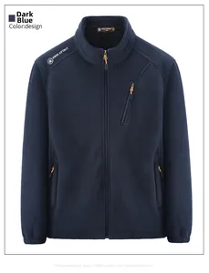 Detail of navy blue fleece jacket showing the high-density polar texture and chest pocket