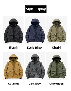 Men's outdoor hooded jacket color selection: Black, Blue, Khaki, Caramel, Gray and Green
