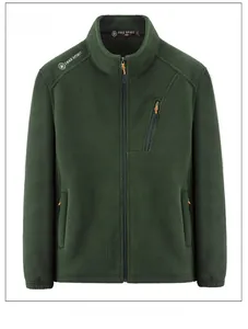 Detail of army green fleece jacket featuring stand collar and chest embroidery design