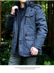 Detail view of navy blue hooded parka with multi-pocket design and drawstring hood