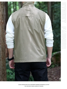 Outdoor multi-pocket khaki cargo vest with stand-up collar and reinforced back strap