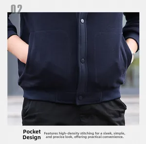 Detailed view of the waffle knit texture and side pocket of the navy blue men's jacket