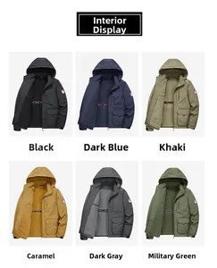 Detail view of water-resistant hooded parkas in six versatile colors with warm lining