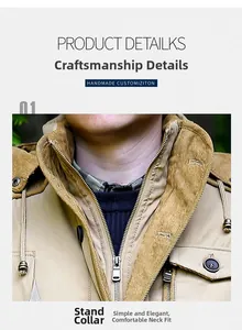 Detail of khaki jacket showing stand collar with corduroy lining and zipper closure