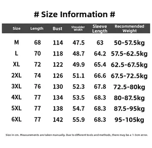 Detailed size chart for men's jacket showing measurements from size M to 6XL in cm