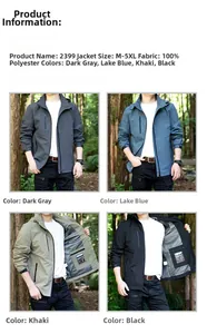 Four-color display of waterproof outdoor hooded jackets in dark grey, blue, khaki and black