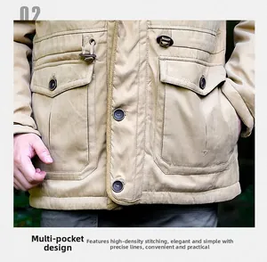 Detail of khaki cargo jacket featuring multi-pocket design and high-density stitching