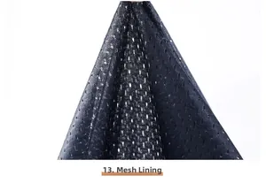 Detailed macro view of the breathable dark blue mesh lining used in utility vests