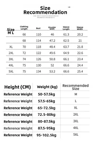 Detailed size chart for men jacket from M to 5XL with length and weight measurements
