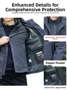 Détails veste extérieure homme avec capuche amovible, col montant et poches zippées
