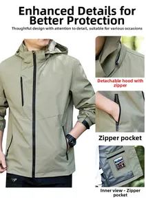 Detail of light green outdoor jacket with detachable hood and secure zipper pockets