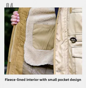 Detail of khaki jacket showing warm fleece lining and functional inner pocket design