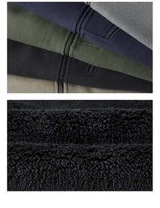 Macro detail of thick fleece lining and multiple colors of outdoor warm zip-up jackets