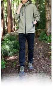 Outdoor leisure jacket outfit featuring light olive windproof hoodie and cargo pants