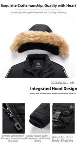 Dettagli del parka invernale con cappuccio antivento in ecopelliccia e coulisse in vita