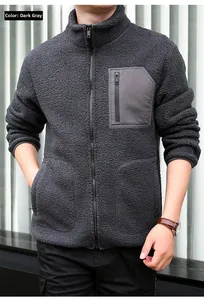 Close-up of thick dark grey fleece jacket with stand collar and zipper pocket detail