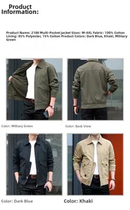 Detailed fabric composition and size chart for multi-pocket cotton worker jackets