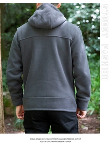 Back view of gray fleece hooded jacket with horizontal stitching and ribbed hem