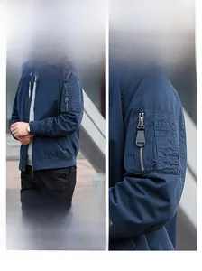 Vue détaillée d'un blouson bomber bleu marine pour homme avec zip métallique et poche manche