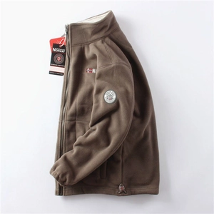 Brown heavy fleece jacket for men featuring Norway flag embroidery and warm sherpa lining