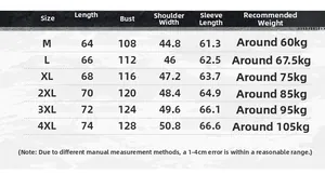 Detailed sizing chart for men's cotton flight jacket showing length, bust, and weight specs