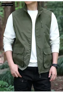 Detailed close-up of army green tactical vest featuring utility multi-pockets and full zipper