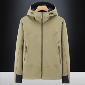 Outdoor olive green hooded fleece jacket with full zipper and windproof standing collar