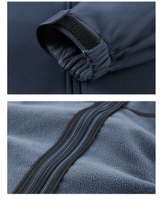 Détail d'une veste coupe-vent avec doublure polaire grise et poignet velcro réglable