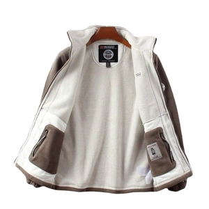 Men's tan heavy fleece jacket with white thermal lining and interior zip pockets