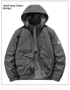 Detail view of water-resistant gray jacket showing hood, zipper pocket and fleece lining