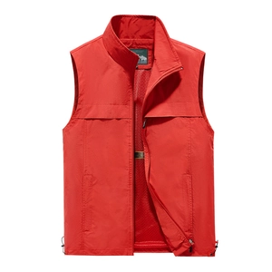 Men's red outdoor fishing vest with stand collar, zip pockets and mesh lining
