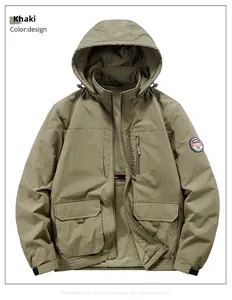 Close-up of khaki outdoor jacket with cargo flap pocket and velcro cuff adjustment
