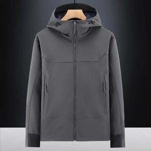 Men's dark gray windproof outdoor fleece jacket with hooded design and zip pockets