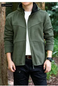 Detail of army green fleece hooded jacket showing high-density thermal fabric texture
