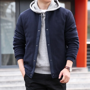 Men's dark blue waffle knit jacket with snap buttons and baseball collar for outdoor casual wear