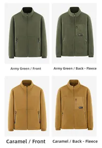 Detail view of double-sided outdoor fleece jacket in army green and caramel colors