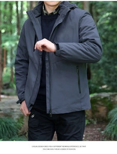 Détail de veste d'hiver pour hommes avec tissu gris, poches zippées et poignets