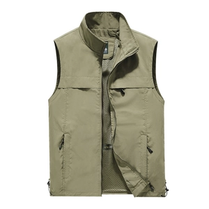 Men's olive green outdoor utility vest with multi-pockets and breathable mesh lining