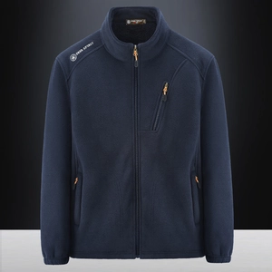 Men's dark blue outdoor polar fleece jacket with full zip and chest pocket detail