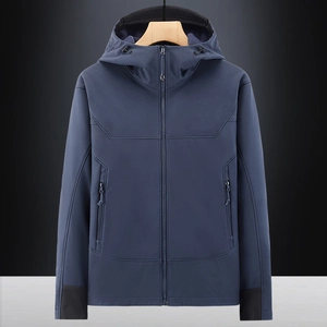 Men's navy blue hooded windproof outdoor jacket with adjustable drawstring and sleek pockets