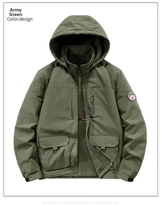 Detail view of military green outdoor jacket with windproof hood and warm fleece lining