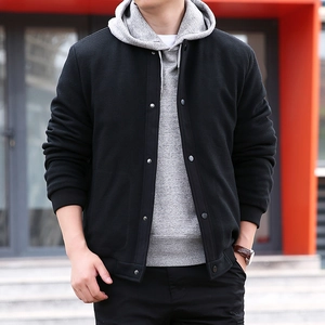Men's black waffle textured jacket with stand collar and button front for outdoor casual wear