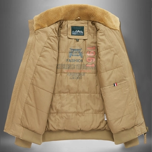 Men's khaki workwear jacket with sherpa collar and quilted lining, aviator bomber style