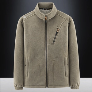 Men's outdoor dark khaki fleece jacket with full zip and vertical chest pocket