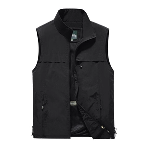 Men's black outdoor vest with multiple pockets and windproof standing collar design