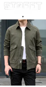 Detailed front view of men's military green cotton bomber jacket with flap pockets