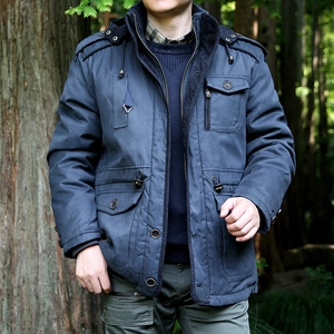 Men's dark blue winter hooded parka jacket with warm fleece lining and windproof fabric